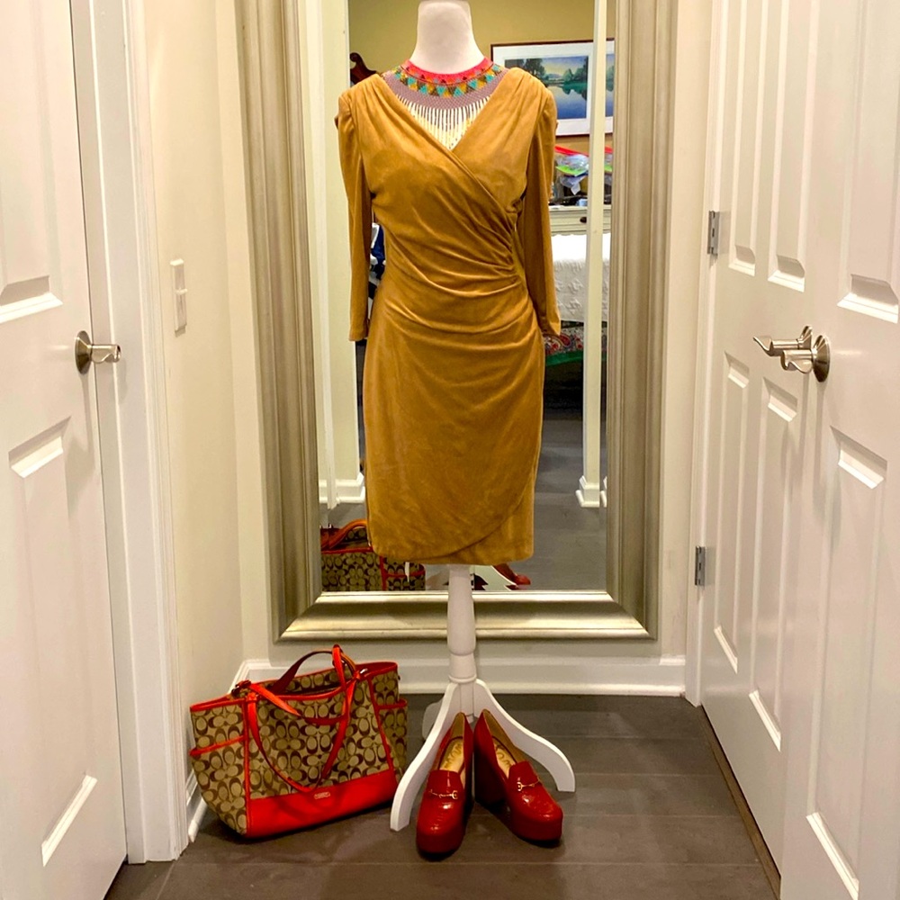 Kay Unger Tan Micro Suede Midi Dress- Faux wrap with decorative side zipper